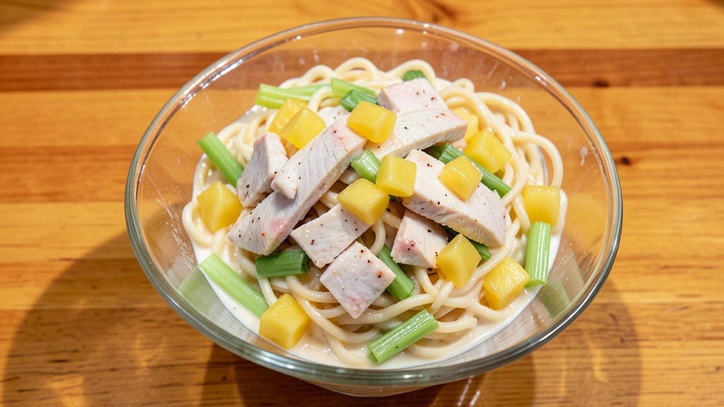 Chicken Pineapple Macaroni Salad Filipino Style Recipe: Sweet-Tart Vinaigrette with Crunchy Celery and Pineapple Bites
