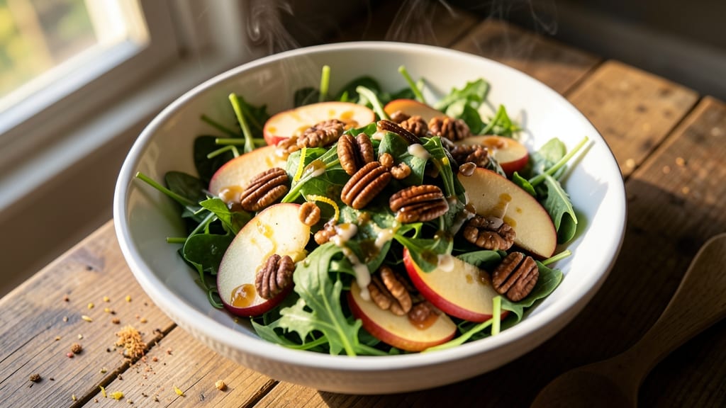 Apple Pecan Fall Salad Recipe: Warm Cinnamon Dressing with Crunchy Nut Topping